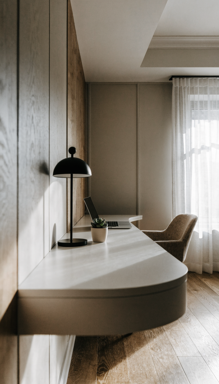A modern home office corner featuring a sleek white L-shaped floating desk mounted to two adjacent walls, creating a triangular workspace that appears to defy gravity with no visible legs, natural wood grain accent wall behind, minimalist black desk lamp and laptop on the surface, small potted succulent, bright natural lighting from a nearby window, clean Scandinavian design aesthetic, professional photography, shallow depth of field