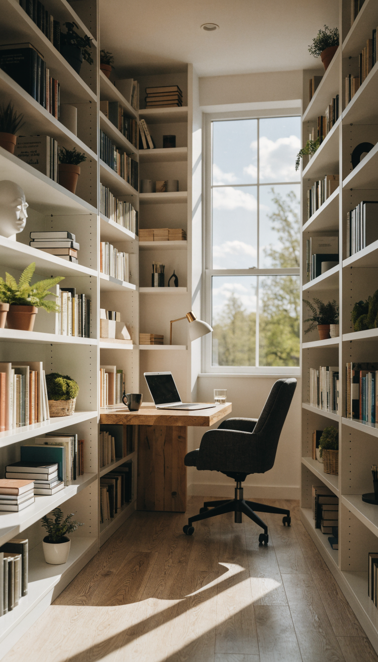 A bright modern corner office space featuring floor-to-ceiling white shelving units installed on both walls flanking a small wooden desk tucked into the corner, the tall narrow shelves reaching upward displaying an organized collection of books, small potted plants, decorative objects and office supplies, natural light streaming through a nearby window illuminating the vertical storage solution, clean minimalist aesthetic, professional home office photography, shallow depth of field, warm natural lighting