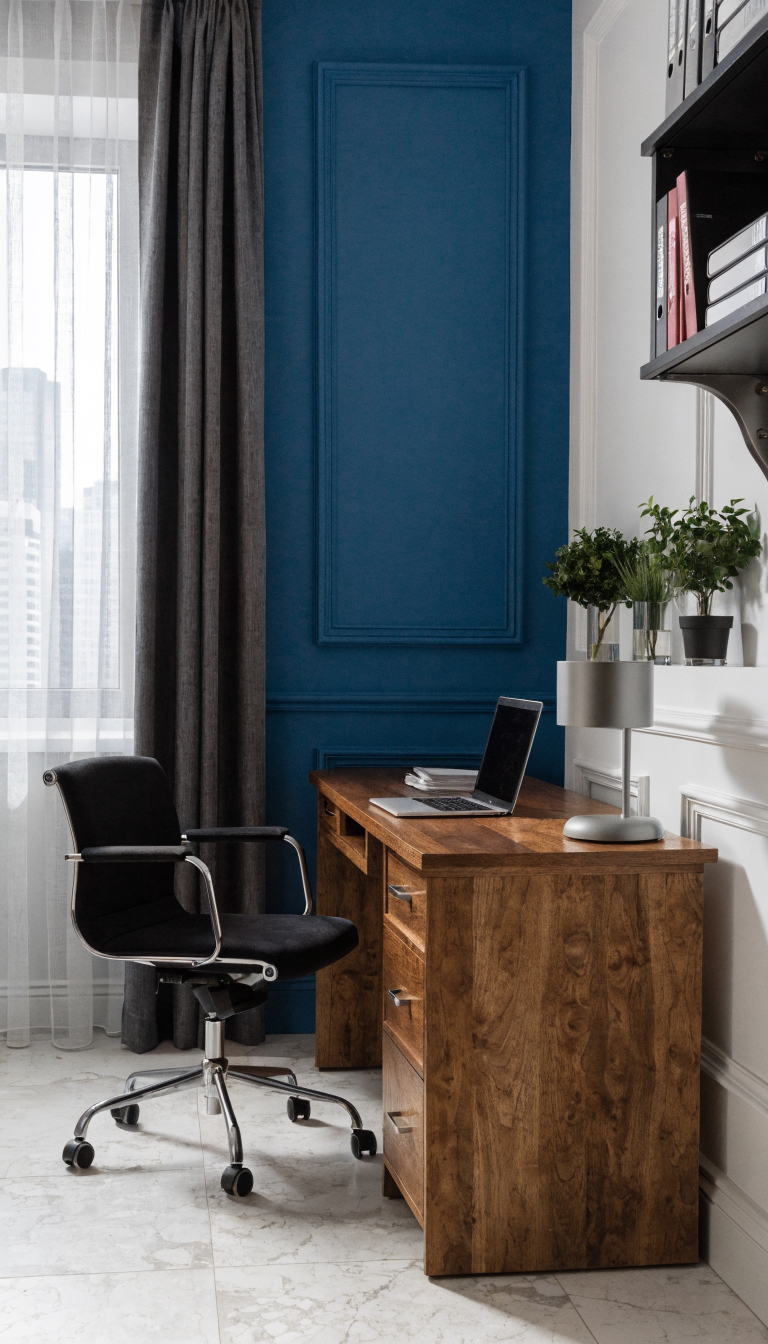 A modern corner office workspace featuring two-tone wall treatment with one wall painted in deep navy blue and the adjacent wall in crisp white, creating dramatic contrast and visual depth. The corner desk setup includes a sleek wooden workspace, minimalist desk lamp, laptop, and a comfortable office chair. Natural light streams in from a nearby window, emphasizing the color contrast. The space appears larger and more intentional due to the strategic paint choices, with small potted plants and organized shelving on the lighter wall. Professional interior photography style, sharp focus, realistic lighting, architectural detail visible.