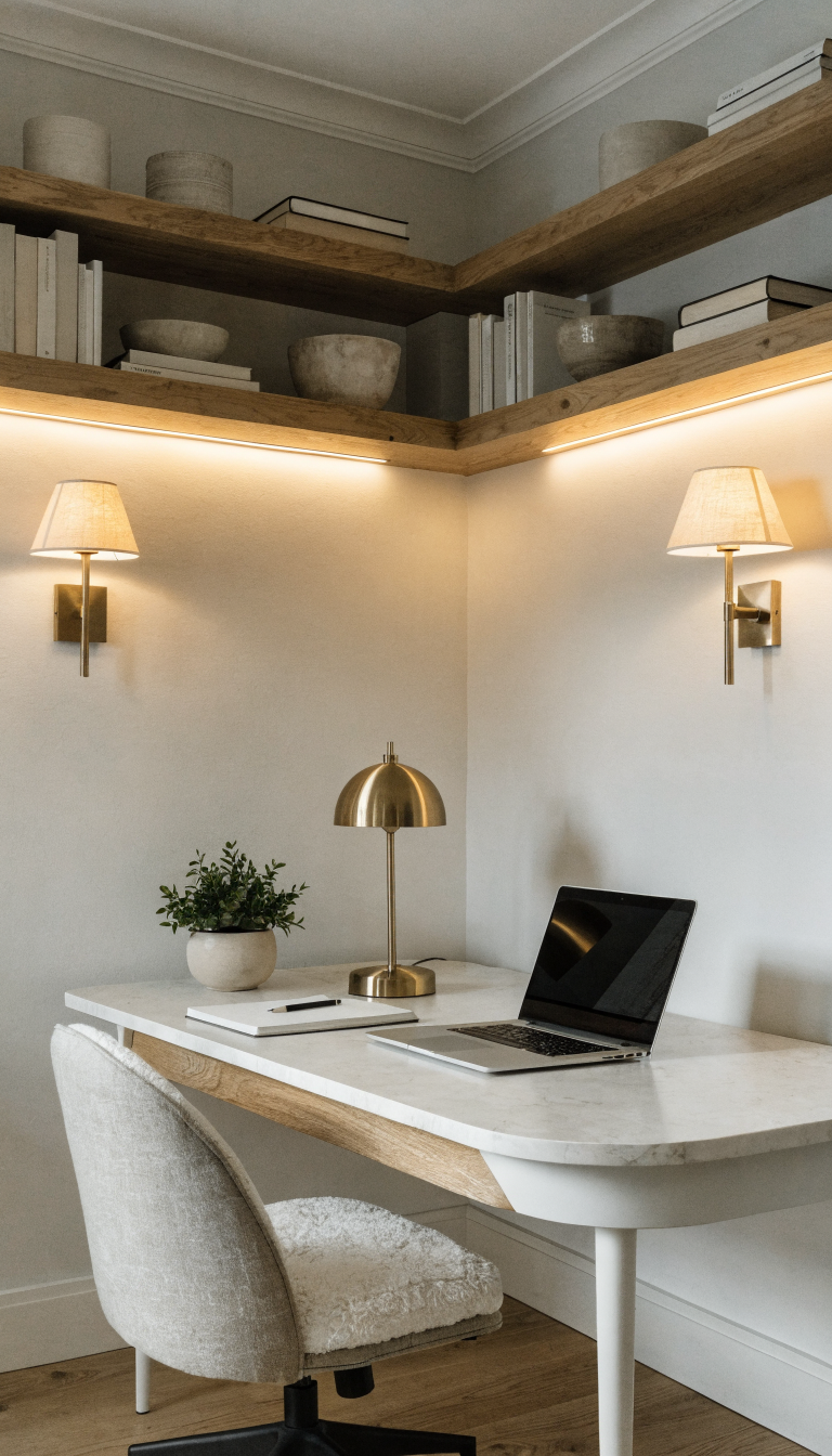 A bright corner home office workspace photographed from an elevated angle showing layered lighting setup with a modern adjustable brass desk lamp on a white desk, warm LED strip lights mounted under floating wooden shelves above, and matching wall sconces on both corner walls creating even illumination, eliminating all shadows, with a laptop, notebook, and small plant on the desk, neutral walls, natural wood accents, and soft ambient glow creating a well-lit productive atmosphere