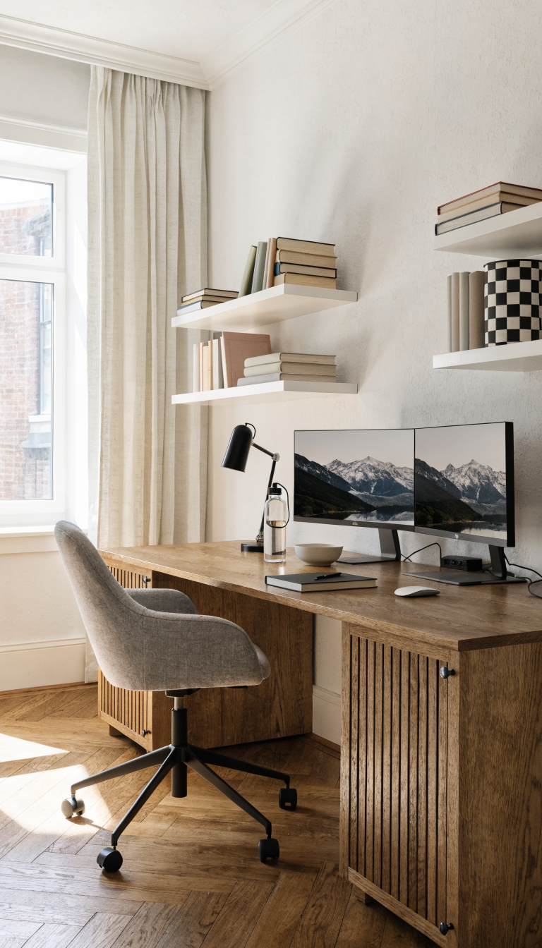 A bright, modern home office corner with a wooden desk positioned diagonally across the corner at a 45-degree angle, creating a dynamic workspace layout. The desk features dual monitors, a sleek desk lamp, and organized accessories. White floating shelves mounted on both adjacent walls hold books and office supplies within easy reach. A comfortable ergonomic office chair sits at the desk. Natural light streams in from a nearby window, illuminating the efficient use of the awkward corner space. Clean, minimalist Scandinavian design aesthetic with warm wood tones and white walls.