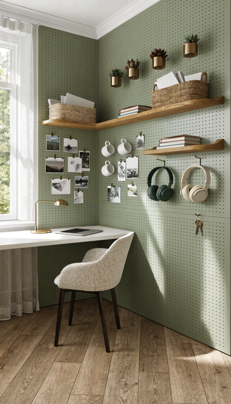 A bright modern corner home office with floor-to-ceiling pegboard walls painted in sage green, creating an L-shape configuration in the corner. The pegboard is filled with organized accessories including small potted succulents in brass metal holders, woven baskets containing papers and mail, wooden shelves holding colorful notebooks, metal hooks with headphones hanging, white coffee mugs on pegs, and inspiration photos clipped to the board. A clean white desk sits in the corner beneath the pegboard, with a minimalist desk lamp and laptop. Natural light streams in from a nearby window, creating soft shadows on the pegboard's texture. The aesthetic is Scandinavian-modern with a warm, organized feel, shot from a three-quarter angle to showcase both corner walls and the efficient use of awkward corner space.