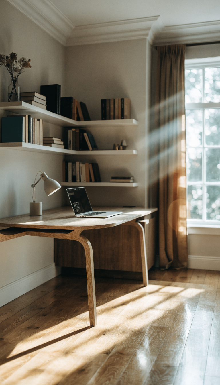 A modern Murphy desk installed in a bright corner of a home office, shown partially folded down in use position revealing a sleek workspace surface with a laptop and small desk lamp, with one side showing the desk in use and subtle visual suggestion of its fold-up mechanism, flanked by white floating shelves on both corner walls holding books and decorative items, natural light streaming through a nearby window, clean minimalist design with light wood finish, professional interior photography style, shallow depth of field, warm and inviting atmosphere