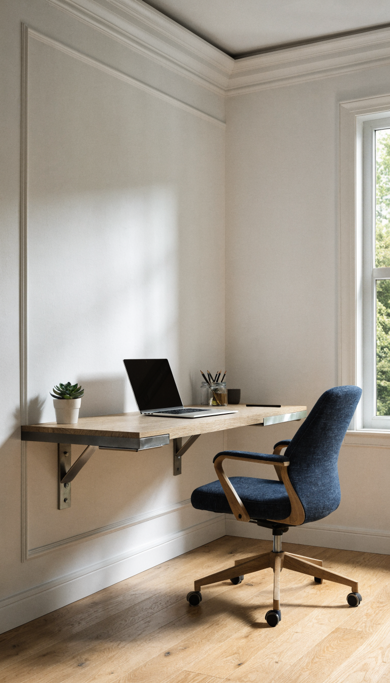 A modern minimalist corner workspace featuring a sleek wall-mounted floating desk in light wood or white finish, approximately 30 inches wide, secured with brushed metal heavy-duty brackets against a clean white or light grey wall. The desk surface holds a laptop, small potted succulent, and minimal office supplies. A comfortable ergonomic chair is positioned underneath. Soft natural light streams in from an adjacent window, creating gentle shadows on the wall. The floor beneath is clear and uncluttered, emphasizing the space-saving design. Shot from a three-quarter angle to showcase both the floating aspect and the corner setup, professional interior photography style with bright, airy atmosphere.