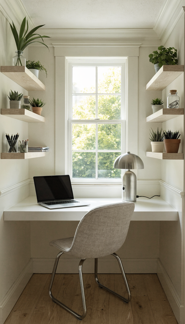 A bright, well-lit converted closet office workspace with the closet doors removed, featuring a sleek white countertop desk installed wall-to-wall at standard desk height, floating shelves mounted on both side walls displaying organized office supplies and small potted plants, a comfortable modern desk chair tucked underneath, a laptop and desk lamp on the work surface, the closet's natural three-sided enclosure creating a cozy nook feeling, soft natural lighting from nearby window illuminating the space, minimalist Scandinavian design aesthetic, clean and organized professional home office setup, shot from a straight-on angle showing the depth and functionality of the compact workspace