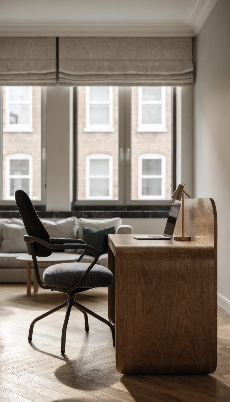 A modern studio apartment interior showing a sleek wooden desk positioned perpendicular to the wall acting as a room divider, with a comfortable office chair on one side facing away from the living area, a laptop and desk lamp on the workspace, the desk has an attractive finished back panel, behind the desk is a cozy living space with a sofa partially visible, natural light streaming through windows, minimalist Scandinavian design aesthetic, clean lines, organized creative workspace, professional interior photography, shallow depth of field, warm natural lighting