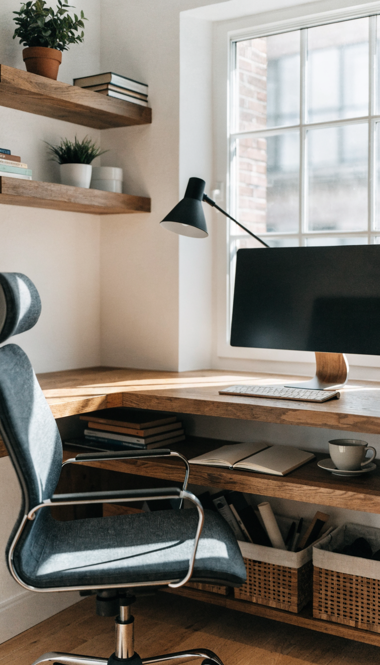 A modern corner home office workspace with a sleek multi-level corner desk system in warm wood tones, featuring three distinct tiers - the top level with a computer monitor and wireless keyboard, middle level with an open notebook and coffee cup, and lower level with organized storage baskets and office supplies. The corner desk fits snugly into a 90-degree wall angle with floating shelves above displaying small plants and books. Natural light streams in from a nearby window, illuminating the ergonomic office chair and the clean, minimalist setup. The space has white walls, light hardwood flooring, and demonstrates efficient vertical storage in a compact corner area. Professional interior photography style, bright and airy atmosphere, shallow depth of field.