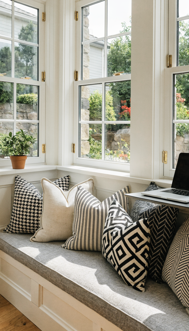 A bright and inviting window nook office setup featuring a cozy bay window alcove with a custom-fitted cushioned bench seat in light gray fabric, a compact floating desk or laptop surface positioned to take advantage of natural sunlight streaming through large multi-paned windows, scattered decorative throw pillows, a small potted plant on the windowsill, and a sleek laptop open on the work surface, with a scenic outdoor view visible through the windows, photographed in natural daylight with a warm, airy atmosphere, professional interior photography style, high resolution, sharp focus