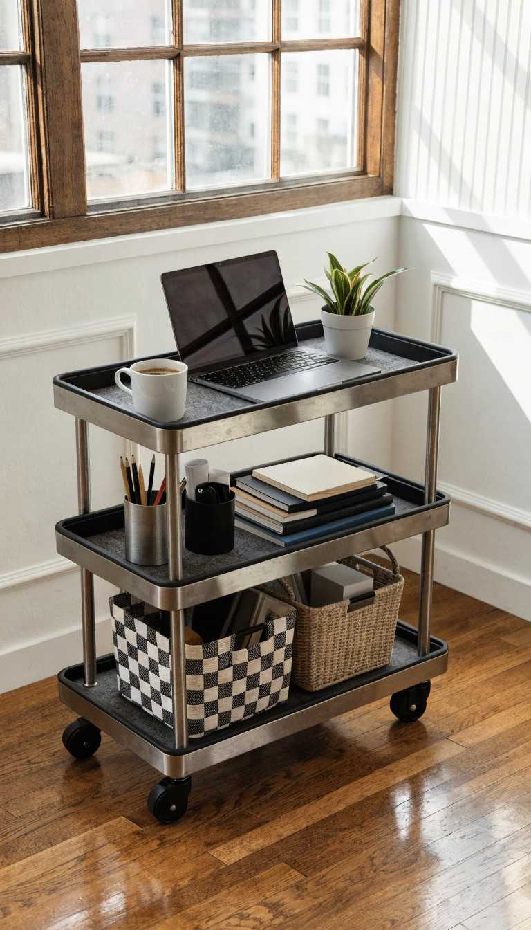 A high-quality photograph of a sleek three-tier rolling cart workspace positioned in a bright corner of a modern home, featuring a laptop on the top tier, organized office supplies and notebooks on the middle tier, and storage baskets on the bottom tier, with the cart's wheels visible, natural light streaming through a nearby window, styled with a small potted plant and a coffee mug, shot from a slight angle to show the cart's mobility and compact organization, contemporary home office aesthetic with neutral tones and clean lines