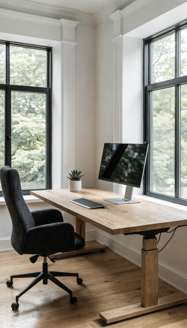 A modern minimalist home office corner setup featuring an L-shaped sit-stand desk in natural wood or white finish positioned in a corner, angled so the user faces into the room rather than the wall. The desk surface is clean and uncluttered with only a sleek monitor, wireless keyboard, and small potted succulent. Large windows provide natural light, white or light gray walls, light hardwood flooring, and a comfortable ergonomic office chair. The aesthetic is Scandinavian-inspired with clean lines, minimal decor, and plenty of negative space. Shot from a three-quarter angle showing both desk surfaces and the corner configuration, professional interior photography style, bright and airy atmosphere, shallow depth of field.