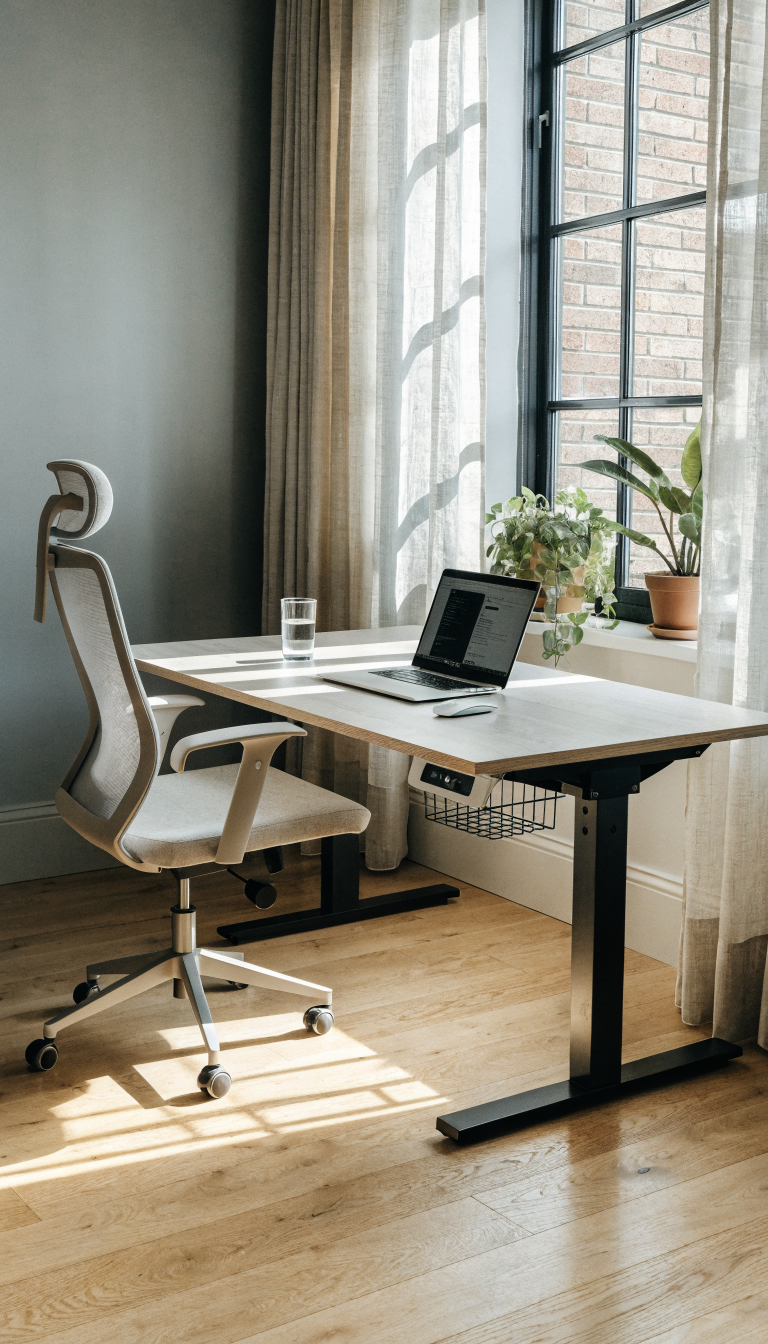 A modern home office with a motorized sit-stand desk positioned perpendicular to a large window, creating a T-shaped layout where natural sunlight streams in from the side, illuminating a clean minimalist workspace with a laptop, the desk shown in light wood or white finish, soft shadows cast across the desk surface, bright and airy atmosphere, professional photography, contemporary interior design, the window showing daylight with sheer curtains diffusing the light, ergonomic office chair visible, plants on windowsill, realistic architectural photography style, sharp focus, natural color palette