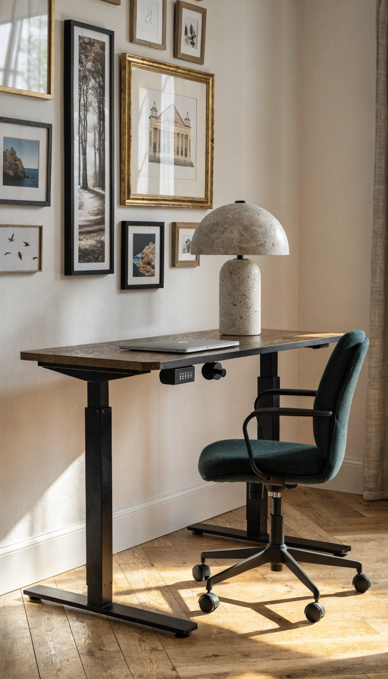 A modern home office featuring a sleek electric sit-stand desk with a black frame and wooden top positioned against a wall decorated with an elegant gallery wall arrangement of various sized framed prints, photographs, and small artworks in mixed frame styles, shot from a slight angle to show both the minimalist desk setup with a laptop and desk lamp, and the curated wall art collection behind it, professional interior photography with natural lighting, contemporary residential aesthetic, warm and inviting atmosphere