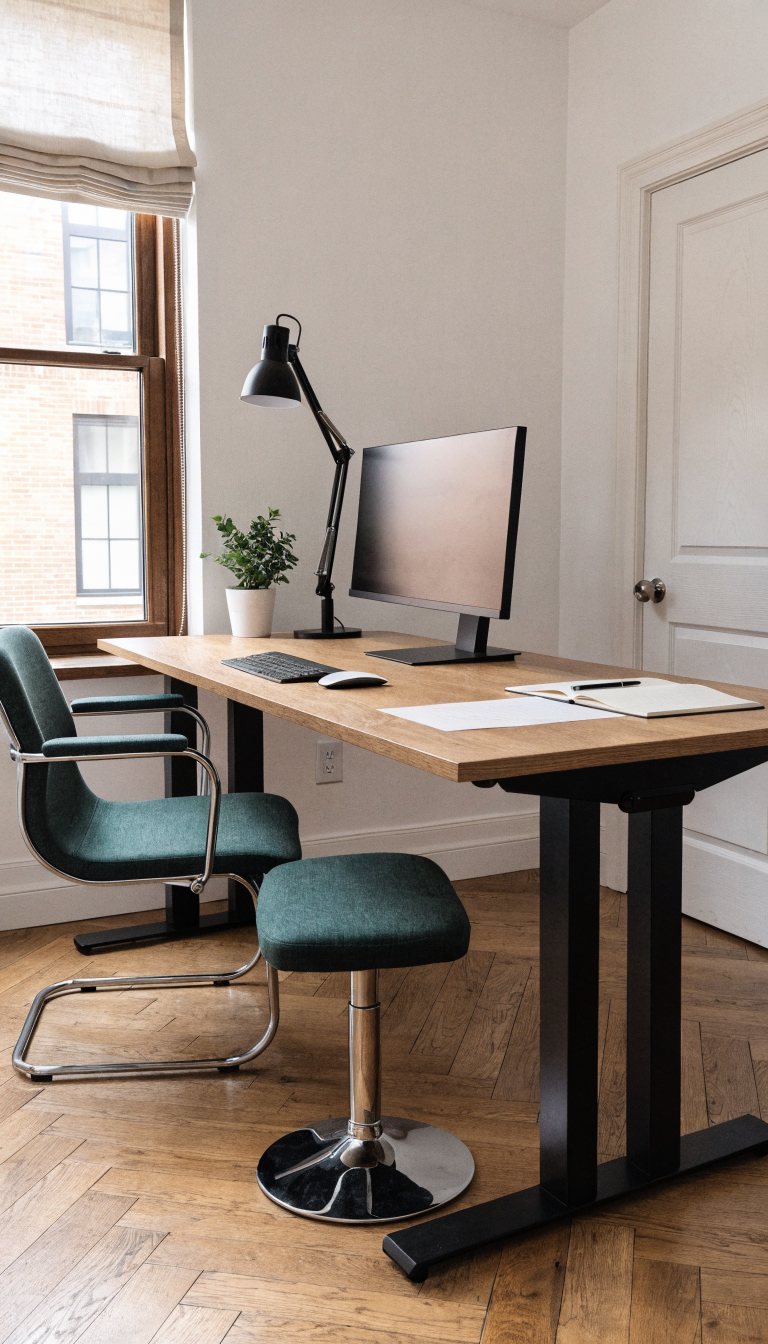A modern home office featuring an extra-long sit-stand desk at standing height positioned against a white wall, spanning at least 60 inches in length. The desk is clearly divided into two zones: the left half has a sleek computer monitor, wireless keyboard, and mouse setup, while the right half is completely clear except for a few sheets of paper, a pen, and an open notebook for analog work. The desk has a clean wooden or minimalist top with a black electric frame. Natural lighting from a nearby window illuminates the workspace. The scene shows a realistic, professional home office environment with modern ergonomic furniture, minimal clutter, and a clear distinction between the digital and analog work zones. Shot from a three-quarter angle to show both zones clearly, with neutral wall colors and a few tasteful office accessories like a desk lamp and small plant.