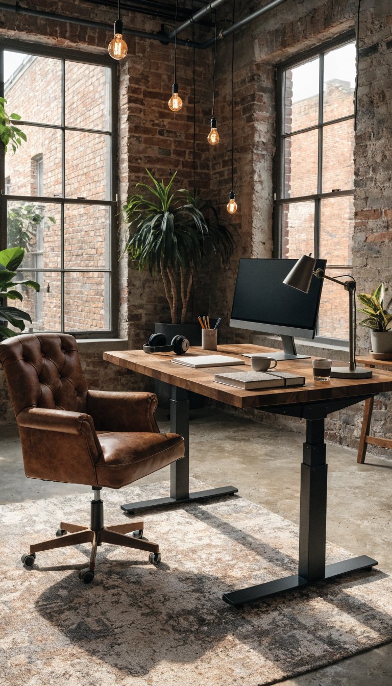 A modern home office featuring a height-adjustable sit-stand desk with a rich butcher block wooden top and matte black metal frame, positioned away from the wall in a floating arrangement. The desk is styled in warm industrial aesthetic with exposed brick wall in the background, concrete flooring with a textured area rug, warm Edison bulb lighting overhead, a leather desk chair, potted greenery, and carefully curated workspace accessories. The scene has natural light streaming through large windows, creating a cozy yet modern loft-style atmosphere that balances raw industrial materials with warm wood tones and soft textures. Professional interior photography, high-resolution, realistic lighting, wide angle shot showing the complete desk setup and surrounding space.