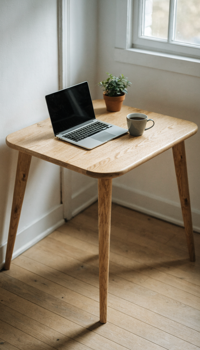 A minimalist Scandinavian-style corner desk in light oak or birch wood positioned perfectly in a room corner, featuring clean tapered legs, smooth surfaces, and an L-shaped triangular design that maximizes the corner space. The desk showcases Nordic simplicity with natural wood grain visible, a clutter-free workspace with perhaps a laptop, small plant, and coffee mug arranged tastefully on top. Soft natural lighting from a nearby window illuminates the light wood finish, creating a cozy and productive workspace atmosphere. The scene is photographed from a three-quarter angle to show both the corner placement and the desk's elegant proportions, with white or light neutral walls in the background emphasizing the airy Scandinavian aesthetic.