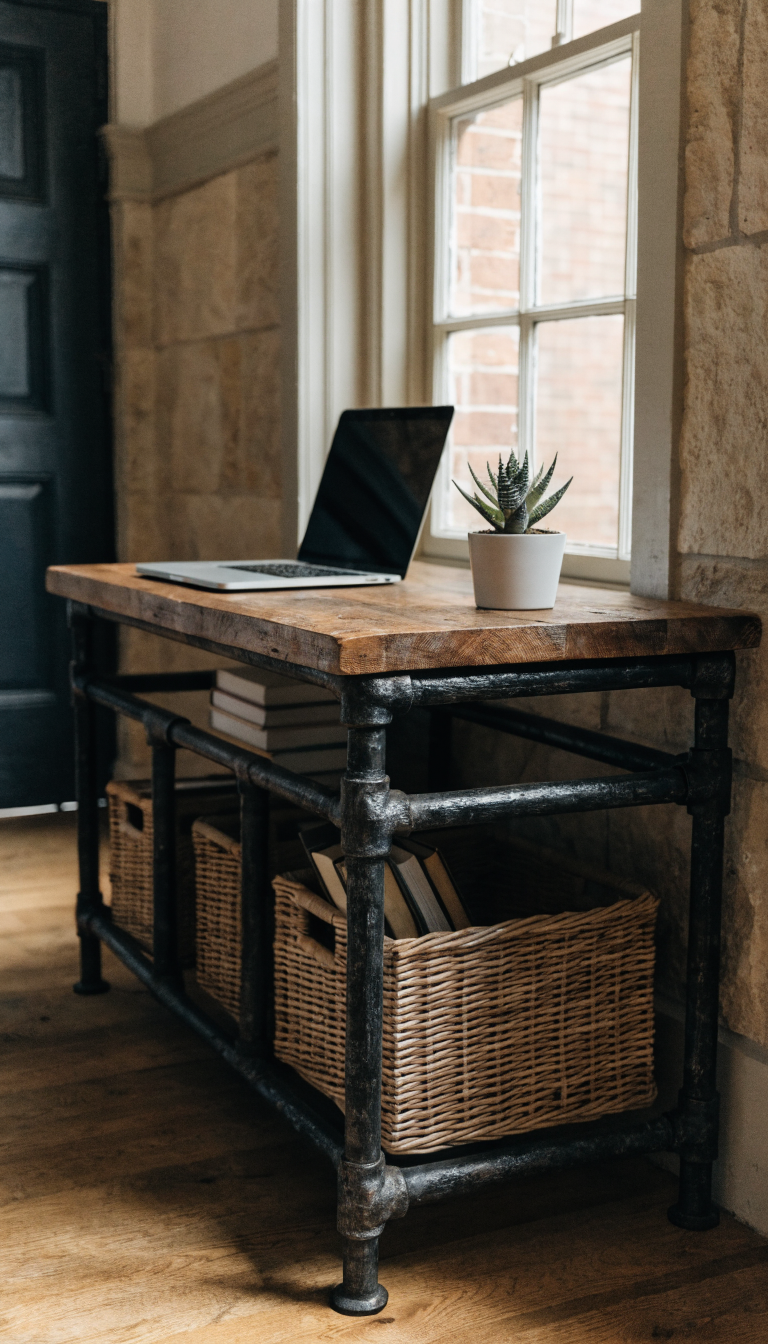 A modern industrial pipe desk in a small office space, featuring a rich reclaimed wood desktop with visible grain and weathered texture, supported by matte black iron pipe legs and frame structure. The open pipe framework underneath holds woven storage baskets and stacked books. The desk has a minimalist setup with a laptop and small succulent plant on top. Natural lighting from a nearby window highlights the contrast between the warm wood tones and dark metal pipes. The composition shows the desk from a three-quarter angle to showcase both the desktop surface and the practical storage underneath. Professional interior photography style with shallow depth of field, bright and airy atmosphere.