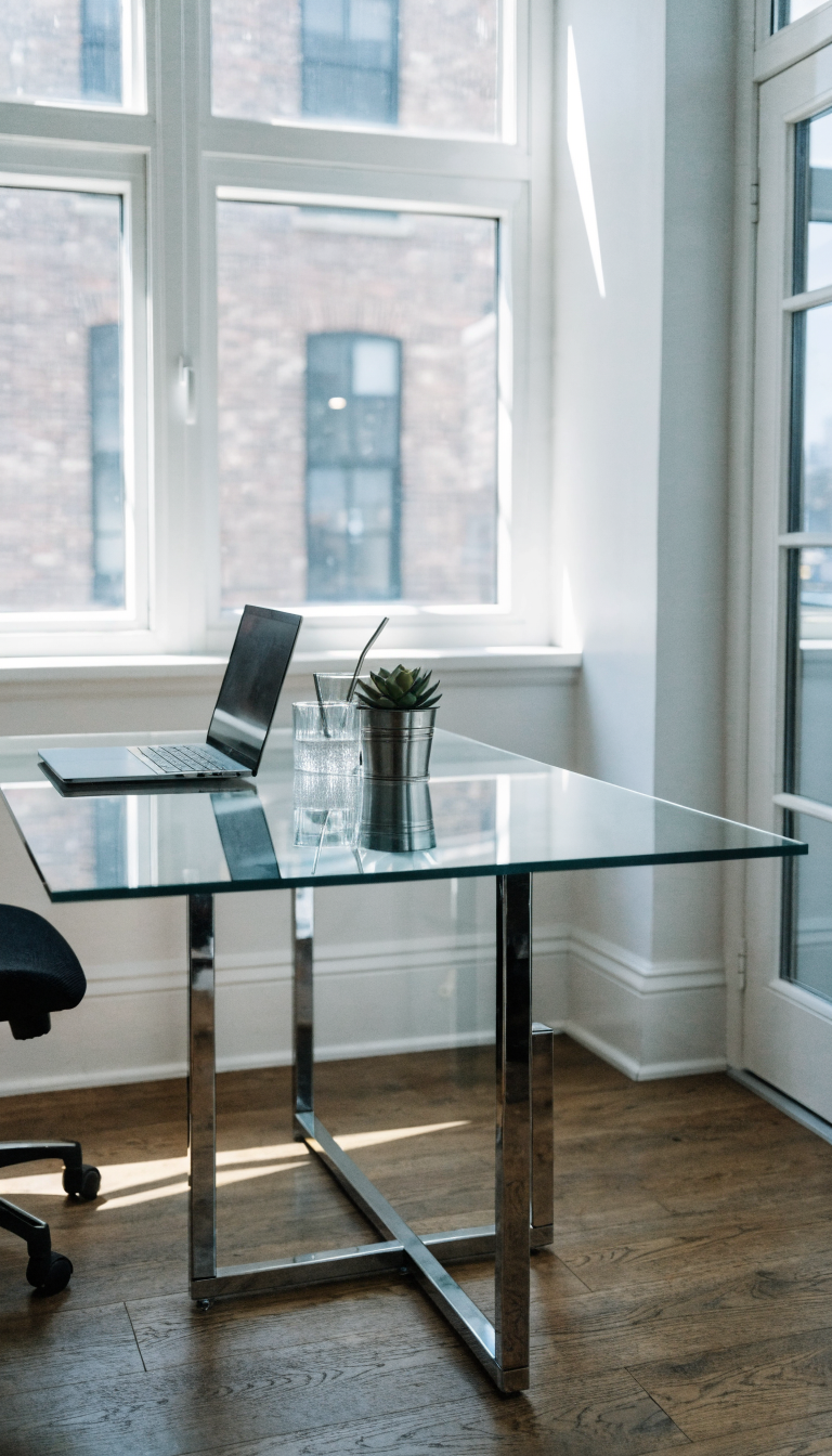 A modern glass-top desk with a transparent tempered glass surface and sleek chrome metal frame positioned in a bright, airy small office space. The desk features clean lines and minimalist design with a metallic base, styled with a laptop, small succulent plant, and elegant desk accessories. Natural light streams through nearby windows, creating reflections on the glass surface and demonstrating how the transparent desk allows light to flow through, making the compact room feel open and spacious. The setting has a chic, contemporary aesthetic with white walls and minimal clutter, photographed from a slight angle to showcase the desk's transparency and modern appeal.