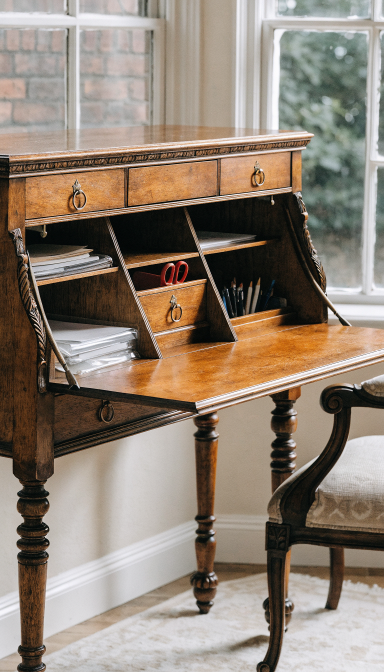 A vintage secretary desk in a small home office setting, with its drop-down front panel open to reveal a functional workspace with built-in cubbies, small drawers, and compartments inside, papers and office supplies neatly tucked within the organizational spaces, warm wood finish with ornate antique details, the desk photographed from a slight angle to show both the open writing surface and the clever hidden storage system, soft natural window light illuminating the piece, a cozy rug underneath and a desk chair partially visible, lifestyle photography style showing the dual nature of the furniture as both a closed cabinet and open workspace