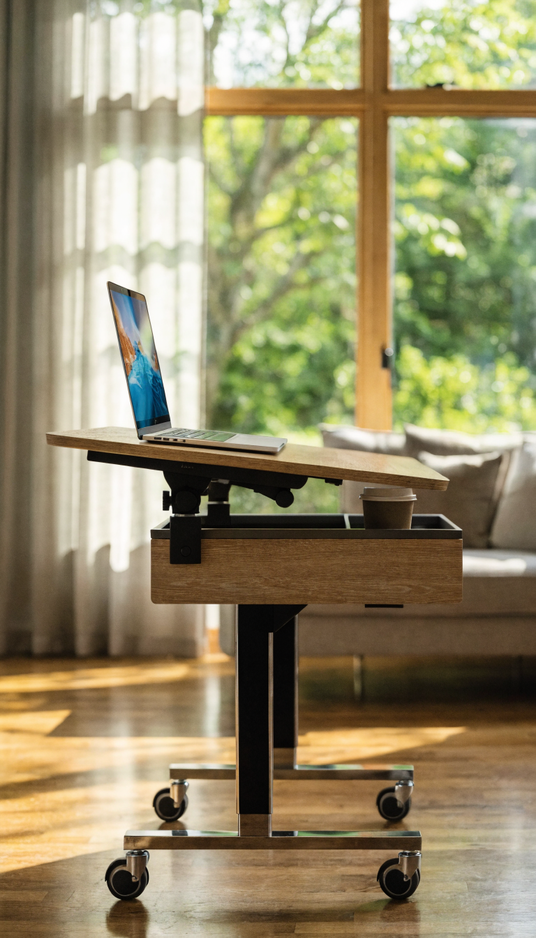 A modern sleek rolling laptop desk with wheels in a bright contemporary home office setting, featuring a minimalist white or light wood tabletop with adjustable height mechanism, tilting surface capability, a small ledge at the bottom to prevent laptop sliding, and side storage compartment holding a coffee cup. The desk is positioned near a large window with natural light streaming in, with a laptop open on the angled surface. The design is clean and sophisticated, far from institutional styling, with chrome or matte black caster wheels. Soft focus couch visible in background suggesting home flexibility. Professional product photography style, warm natural lighting, shallow depth of field.