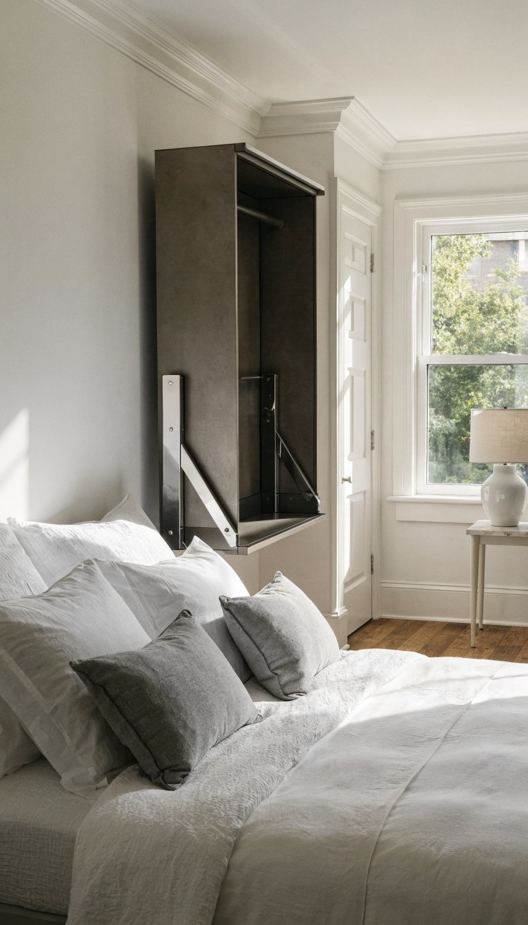 A modern, sleek wall-mounted Murphy desk in the folded-up position against a clean white wall in a bright, minimalist guest bedroom, with a neatly made bed with crisp white linens and gray accent pillows visible in the foreground, natural light streaming through a window, the Murphy desk's smooth surface blending seamlessly into the wall, showing polished hardware and a slim profile, contemporary decor with a small nightstand and table lamp, hardwood flooring, demonstrating how the retracted desk creates open floor space in the small room, professional interior design photography style with bright, airy atmosphere