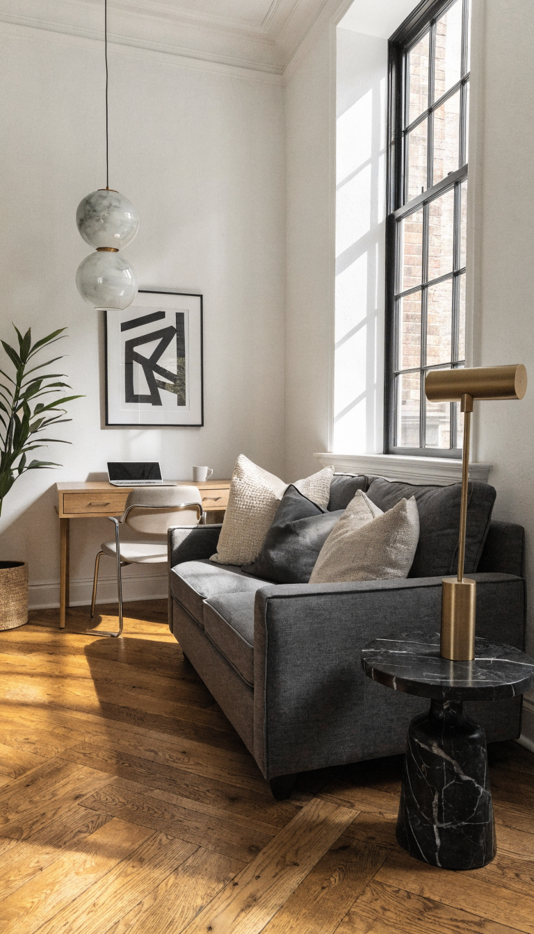 A sophisticated home office guest room featuring a modern, sleek sleeper sofa in charcoal gray upholstery with clean lines and tailored cushions, positioned against a white wall with a compact desk setup nearby, natural light streaming through a window, a small side table with a reading lamp, minimalist decor including a potted plant and framed artwork, warm wood flooring, and the sofa styled with elegant throw pillows in neutral tones, shot from a slight angle showing both the office and guest room functionality of the compact space
