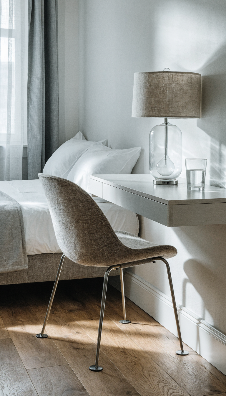 A modern small guest bedroom featuring a sleek floating wall-mounted desk shelf in light wood or white finish, 18-24 inches deep, installed at standard desk height with invisible heavy-duty brackets, paired with a contemporary ergonomic chair tucked underneath, against a clean white or light-colored wall, with a neatly made guest bed visible in the background, natural lighting from a window, minimalist decor, showing how the wall-mounted workspace saves floor space in a compact room under 100 square feet, shot from a corner angle to emphasize the room's efficient layout and the floating desk's space-saving design
