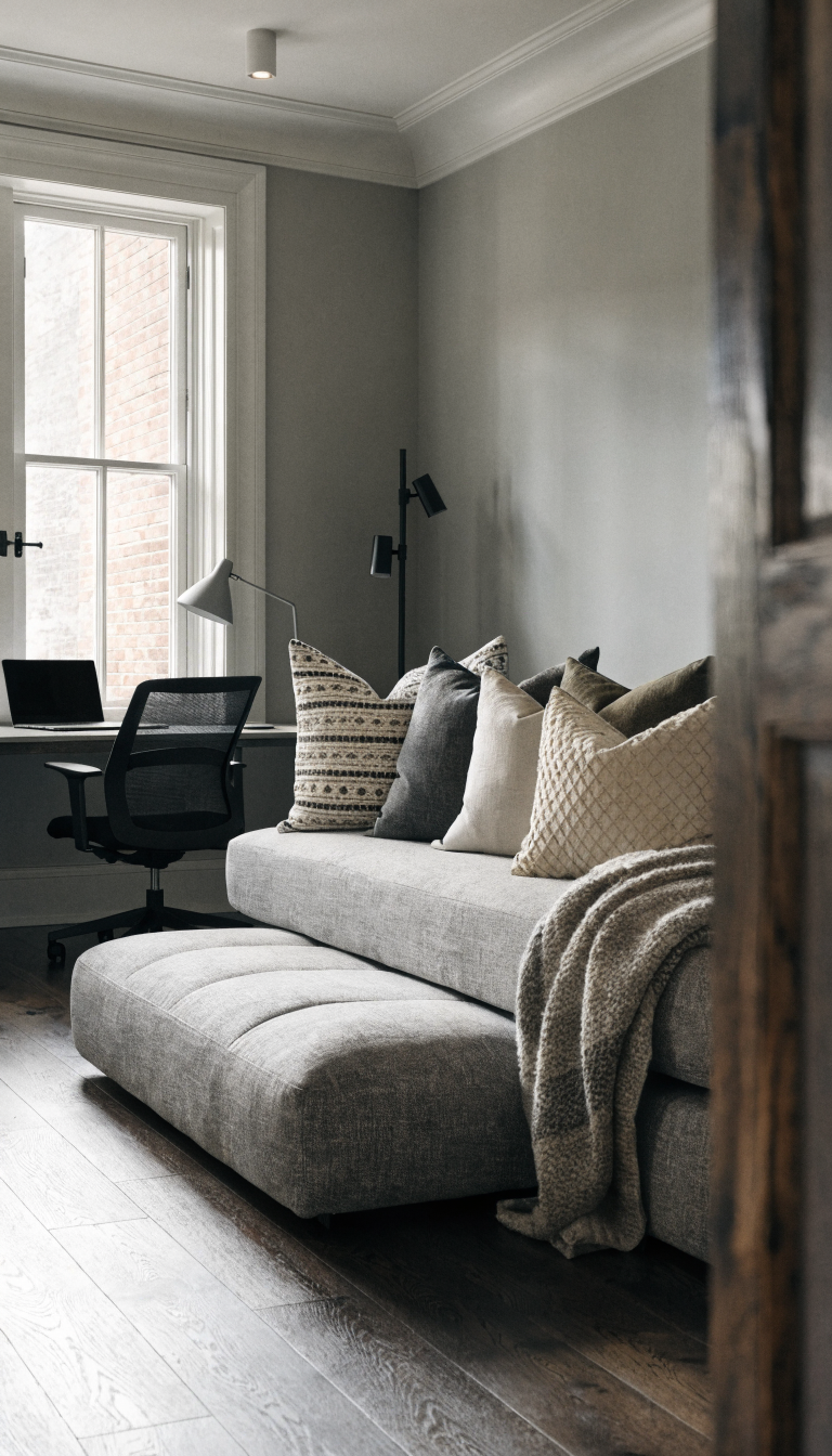 A sophisticated home office guest room featuring a modern upholstered daybed with a pull-out trundle positioned against a wall perpendicular to a sleek desk workspace, the daybed styled with decorative throw pillows creating a lounge-like appearance, warm natural lighting from a window, subtle zone separation between the work area with laptop and office chair and the sleeping area, contemporary minimalist decor with neutral tones and efficient space planning, professional interior photography style, depth of field, high resolution