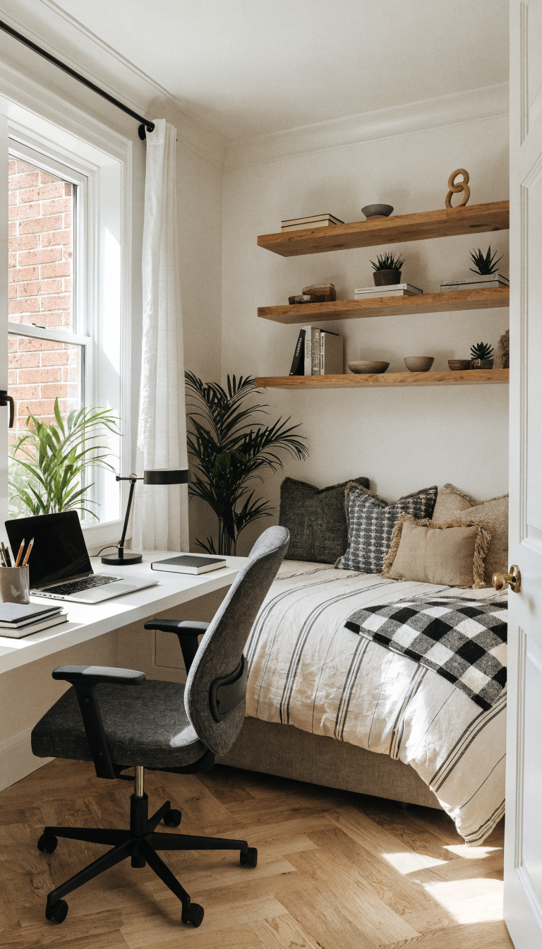 A modern small home office guest room featuring an L-shaped corner desk setup positioned in the room's corner, with a sleek wooden or white desk surface wrapping around two walls, accompanied by an ergonomic office chair, a laptop and desk accessories on the workspace, while the center of the room displays a neatly made daybed or sleeper sofa with decorative pillows, floating shelves above the desk area, natural lighting from a window, warm neutral color palette, clean and organized space that efficiently combines workspace and guest sleeping area, interior design photography style, bright and airy atmosphere