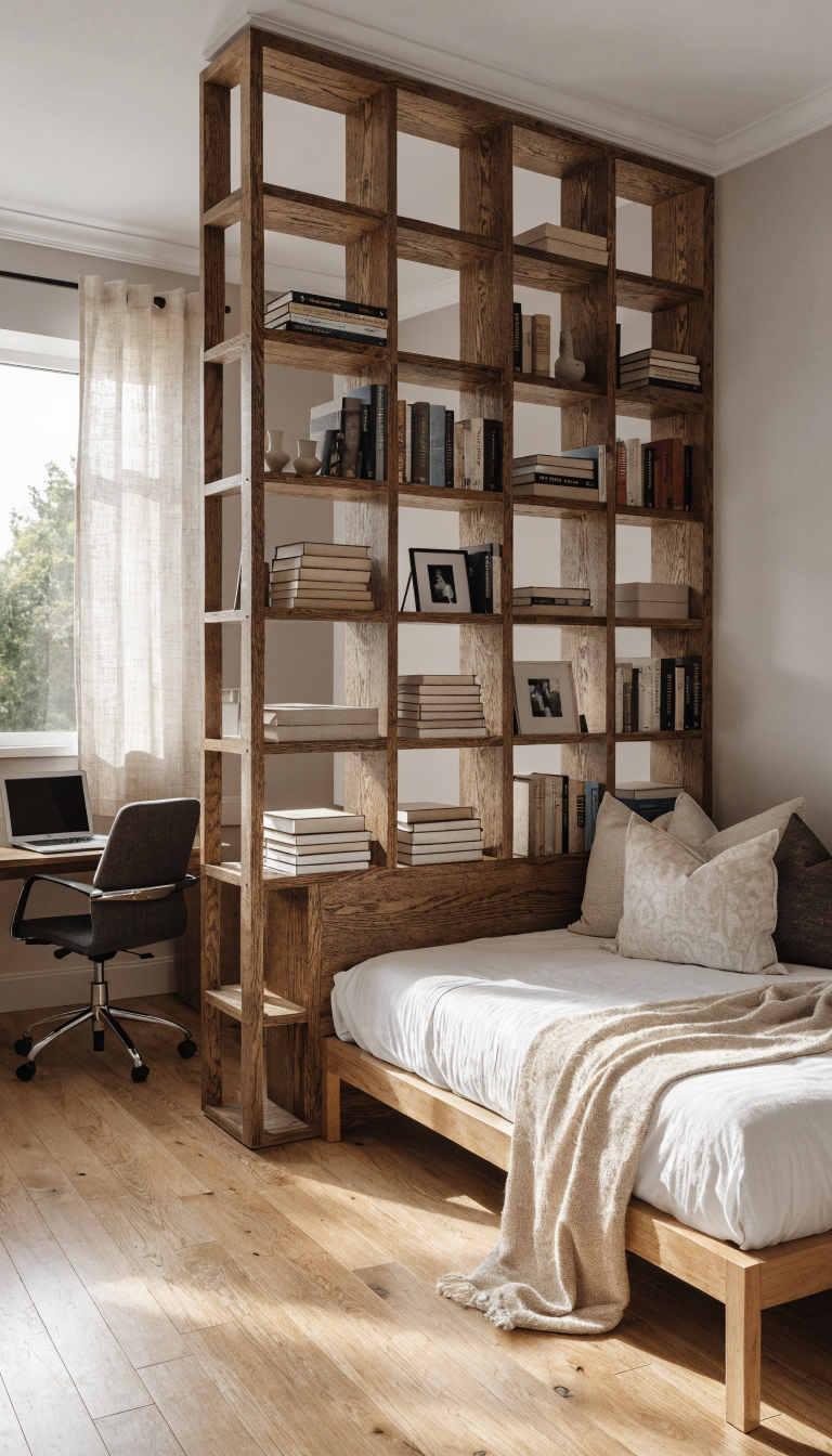 A modern small office guest room with a substantial wooden bookshelf room divider creating two distinct zones, one side showing a compact home office with a laptop and desk chair, the other side featuring a neatly made daybed with white linens and decorative pillows, the open bookshelf unit filled with books and decorative objects allowing light to pass through while providing clear visual separation, natural lighting from a window, neutral color palette with warm wood tones, contemporary interior design, professional real estate photography style
