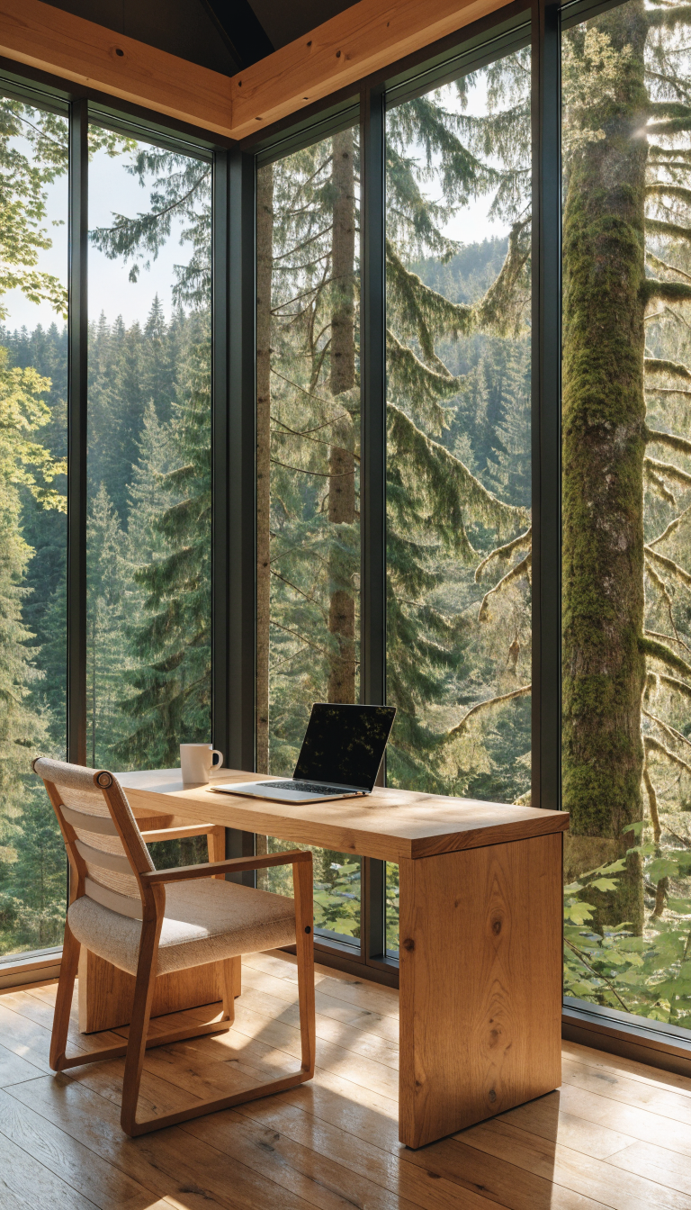 A modern small office cabin interior with a complete wall of floor-to-ceiling panoramic windows showcasing a lush forest view, minimalist wooden desk positioned facing the window wall, ergonomic office chair, warm natural light flooding the space, surrounded by tall trees and greenery visible through the glass, cozy workspace with laptop on desk, wooden flooring, clean Scandinavian design aesthetic, professional home office setup integrated with nature, photorealistic architectural photography, wide angle view capturing both the intimate workspace and expansive forest vista beyond the windows