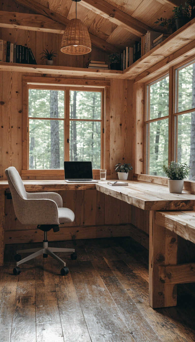 A cozy small wooden cabin office interior featuring a custom-built corner desk that wraps along two walls in an L-shape, constructed from solid natural wood planks with a warm honey finish, built-in floating shelves mounted above the desk holding books and small plants, cable management channels discreetly integrated into the desk surface, a modern laptop and minimal office supplies on the workspace, large windows showing a lush forest view with tall trees, natural daylight streaming in, the center of the room left open and spacious, Scandinavian minimalist design aesthetic, professional interior photography, warm ambient lighting, 4K quality