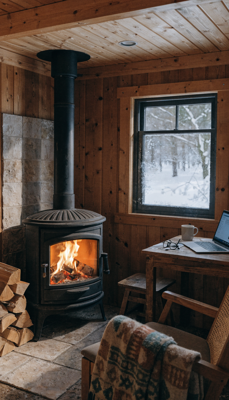A cozy small office cabin corner featuring a compact black wood-burning stove with visible flames inside, positioned on a fireproof floor mat with heat-resistant stone tiles surrounding the base and wall behind it, a metal chimney pipe extending upward, warm orange firelight glowing on wooden cabin walls, a simple desk with laptop nearby bathed in the warm ambient light, frost visible through a small window, firewood stacked neatly beside the stove, rustic wooden interior with rich textures, intimate and inviting workspace atmosphere, natural winter light filtering through trees outside, professional interior photography, sharp focus, warm color temperature