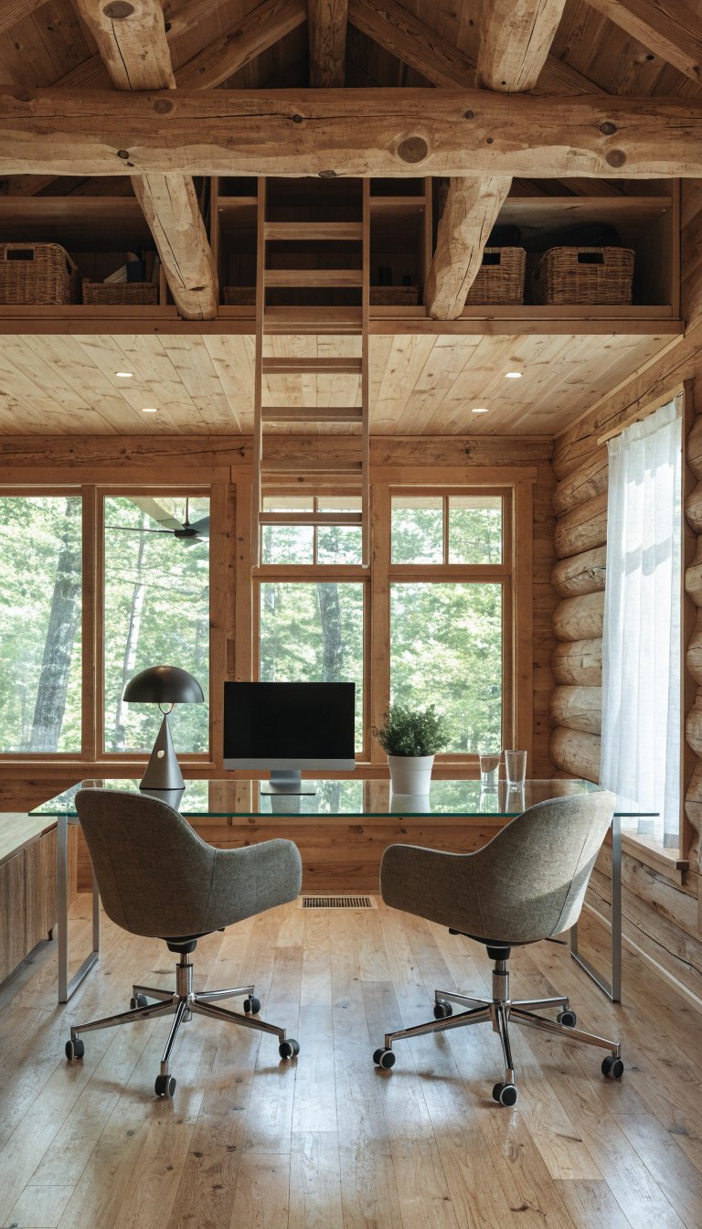 A bright, airy small wooden cabin office interior showcasing a lofted storage area near the ceiling, featuring a sleek pull-down ladder, open shelving with woven baskets storing office supplies and equipment, warm ambient lighting fixtures illuminating the loft space, below shows an uncluttered open floor plan with a minimalist desk workspace, large windows revealing forest trees outside, natural wood beams and walls, modern Scandinavian design aesthetic, professional architectural photography, natural daylight streaming in, clean organized workspace emphasizing vertical storage solutions