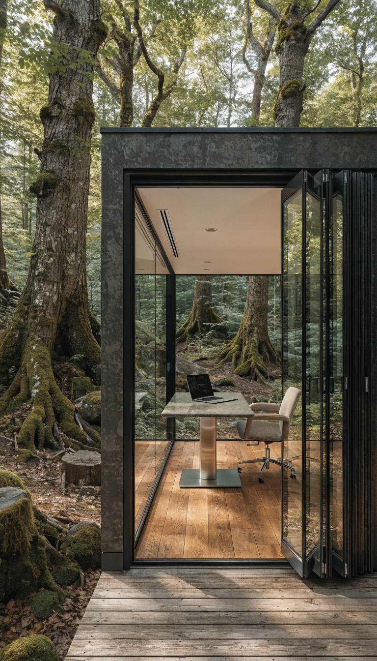 A stunning modern small office cabin in the woods with an entire wall featuring fully opened bi-fold accordion glass doors, revealing a seamless connection between the minimalist interior workspace and an attached wooden deck surrounded by tall trees, warm natural sunlight streaming through the forest canopy, a sleek desk with laptop positioned to face the open wall, the glass panels neatly folded to one side, lush green forest visible beyond the deck, professional architectural photography style, crisp focus, natural lighting, tranquil woodland setting