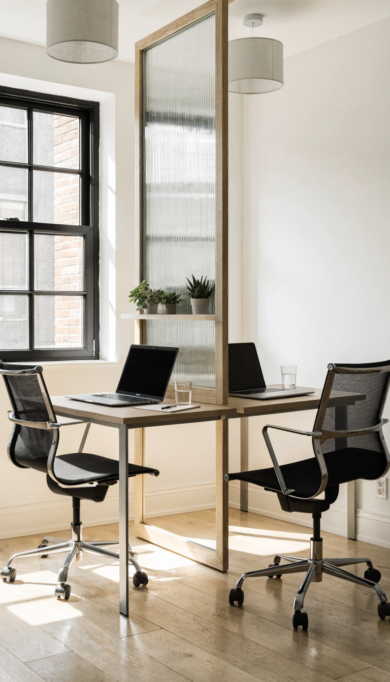A modern small home office with two minimalist desks positioned directly facing each other, separated by an elegant frosted glass panel divider in the center, natural light streaming through a window, contemporary ergonomic office chairs on both sides, laptops and minimal desk accessories on each workspace, light wooden floors, white walls, small potted plants on the divider shelf, clean and airy Scandinavian design aesthetic, professional photography, bright and inviting atmosphere, realistic interior design photograph