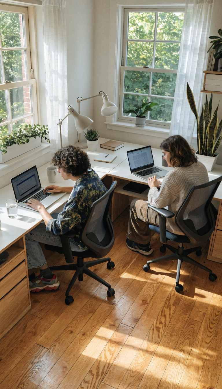 A bright, modern home office corner setup with an L-shaped desk configuration where two people are working, one person seated at each desk segment facing different walls that meet at the corner, natural lighting from windows, minimalist white or light wood desks with laptops and office supplies, ergonomic office chairs, organized workspace with plants and shelving on the walls, professional yet cozy atmosphere, shot from an elevated angle showing the complete L-shaped arrangement and how the two workspaces connect at the corner while maintaining separation, contemporary residential interior design, realistic photograph