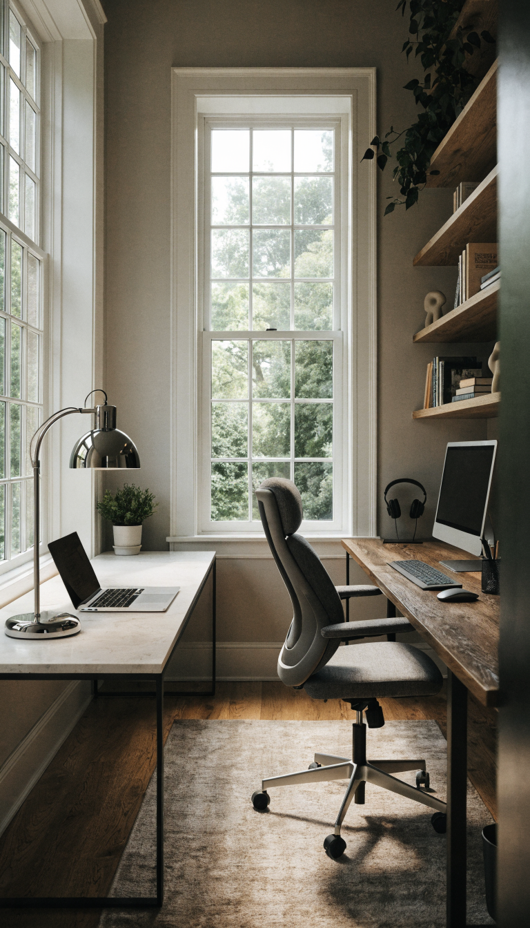 A modern home office with two workstations positioned on opposite walls facing away from each other, creating a yin-yang arrangement. One desk features a minimalist white setup with a laptop and modern task lamp on the left wall, while the opposite wall has a darker wood desk with a desktop computer and ergonomic chair. The room has neutral walls, a window providing natural light, hardwood flooring with a subtle area rug in the center, and small personal touches like a potted plant and organized shelving. The two office chairs are positioned so the workers would face their respective walls, emphasizing privacy and individual focus zones. Professional interior photography style, bright natural lighting, shot from a corner angle showing both workstations clearly in the same peaceful shared space.