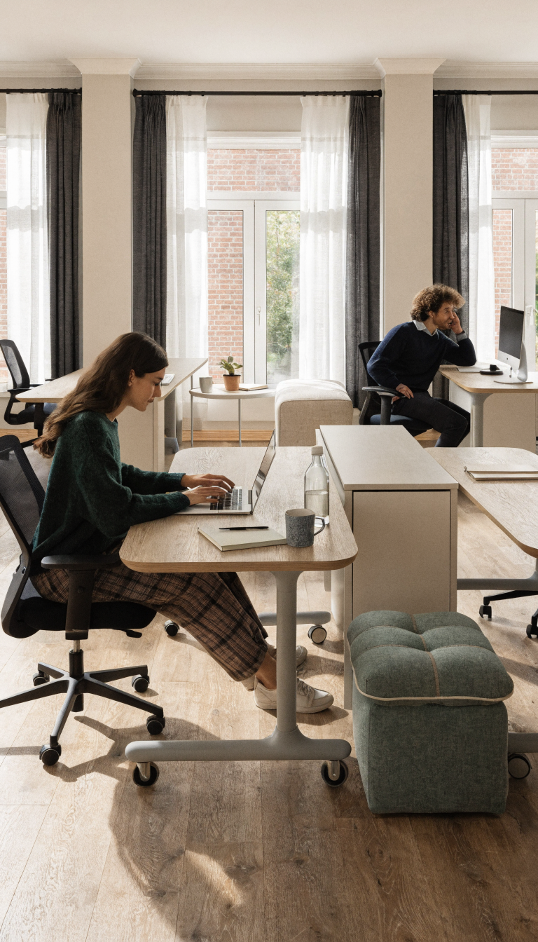 A bright, modern home office showing two people working in a flexible workspace with lightweight desks on caster wheels positioned in different configurations, rolling storage units with visible wheels, and modular furniture pieces that can be easily moved. The scene captures the concept of adaptable furniture arrangement with clean Scandinavian-style mobile desks, organized rolling file cabinets, and a minimalist aesthetic. Natural lighting from windows, neutral color palette with pops of color, professional yet cozy atmosphere, demonstrating how the same furniture can be reconfigured for different working arrangements. Shot from a slightly elevated angle to show the full flexible workspace layout with visible wheels on furniture pieces, emphasizing mobility and adaptability for two people sharing the space.