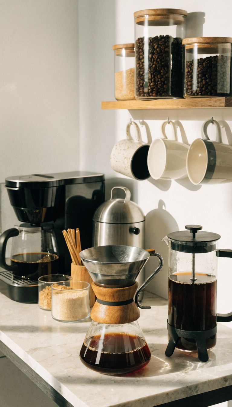A bright, modern small office coffee bar setup on a compact countertop or rolling cart, featuring a sleek pour-over coffee maker, French press, and single-serve machine arranged neatly together, with various coffee bean containers and jars displayed on floating shelves or a small organizer above, ceramic mugs hanging from hooks, a small milk frother, sugar containers, and wooden stirrers in a holder, all styled in a minimalist café aesthetic with warm natural lighting, marble or light wood countertop surface, against a clean white wall, photographed from a slight angle to show depth and organization, professional interior photography style with shallow depth of field