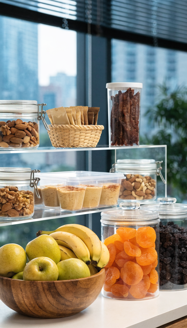 A modern office snack station with clear acrylic tiered organizers and labeled containers displaying a variety of foods: mixed nuts in glass jars, individual nut butter packets in a small basket, beef jerky strips in a container, hummus cups, fresh apples and bananas in a wooden bowl, and dried fruit in clear canisters, all arranged on a clean white counter with natural lighting from a nearby window, professional corporate office setting, organized and inviting layout, shallow depth of field