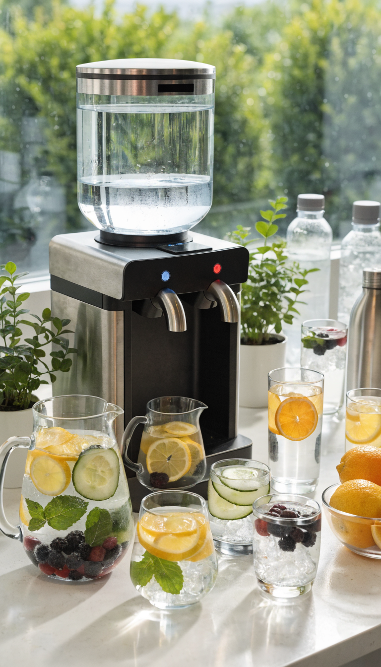 A modern office hydration station setup featuring a sleek filtered water dispenser with both cold and room temperature spouts, surrounded by glass containers with colorful fruit-infused water including lemon slices, cucumber, berries, and mint leaves, arranged on a clean white counter with reusable water bottles, a small bowl of fresh citrus fruits, and herb plants in minimalist planters, bright natural lighting, professional workplace environment, photorealistic, high-quality interior photography