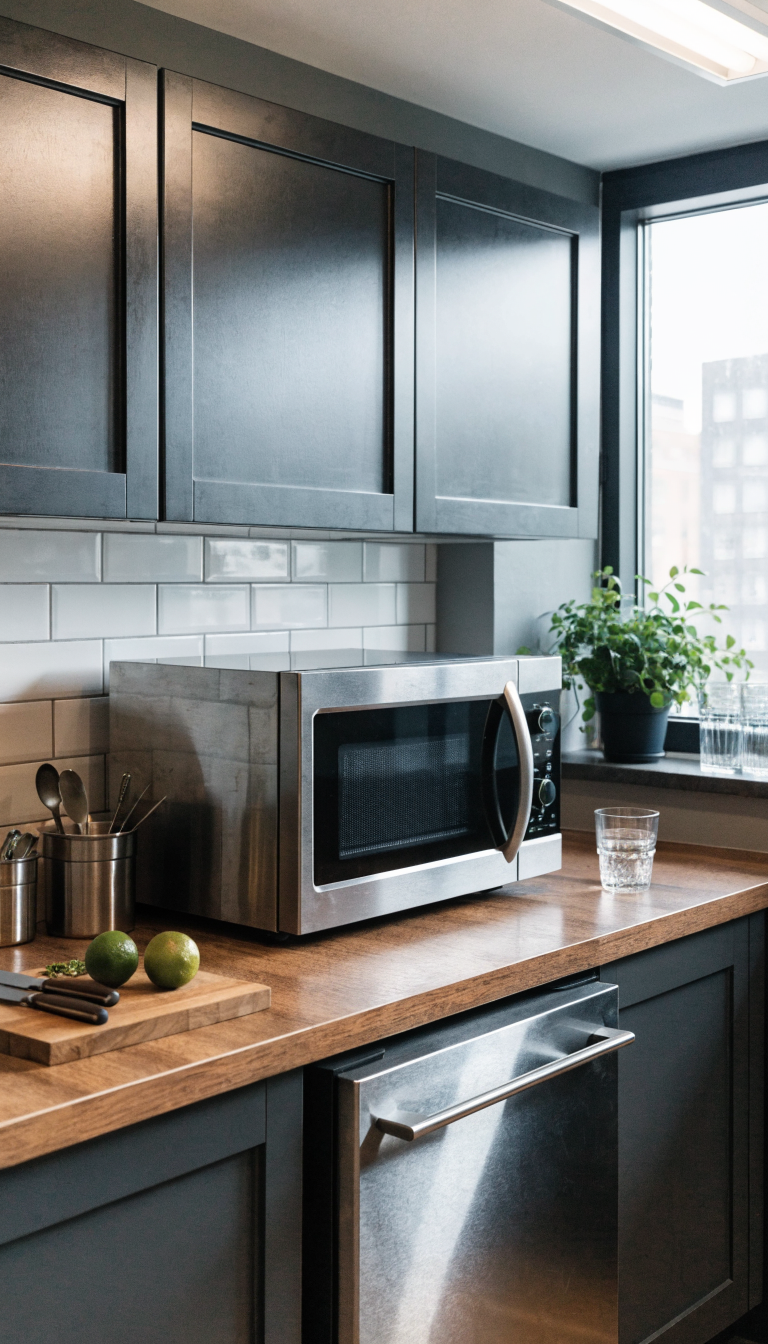 A modern small office pantry prep zone with a stainless steel microwave on a compact counter, a sleek mini-fridge underneath, and a small preparation area with cutting board and utensils, featuring clean white subway tile backsplash, warm wood countertops, and natural lighting from a nearby window, photographed in a bright contemporary workspace setting with professional lighting and sharp focus