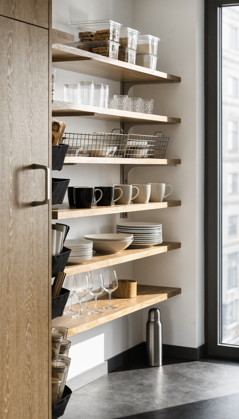 A modern small office pantry showcasing vertical storage solutions with floating wooden shelves mounted on a white wall displaying organized coffee mugs and dishes, an over-the-door organizer visible on an open cabinet door with snacks and supplies, stacked clear storage containers with granola bars and coffee creamer on upper shelves, sleek wire baskets maximizing vertical space, all photographed in bright natural lighting with a clean, professional workspace aesthetic