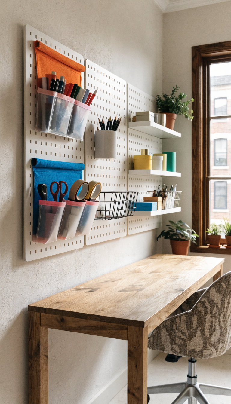 A bright, modern small home office featuring an organized vertical storage wall system with white pegboards mounted above a clean wooden desk, colorful hanging organizers, floating shelves displaying neatly arranged office supplies, small potted plants, and wall-mounted metal baskets, shot from a side angle showing the contrast between the clear desk surface and the well-utilized wall space, natural lighting from a nearby window, contemporary minimalist aesthetic with pops of color from organized supplies