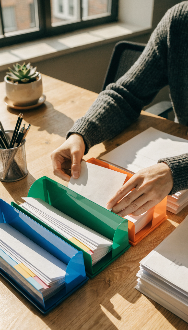 A clean, modern small office desk photographed from above showing an organized filing system in action, with professional hands holding a single document over three clearly labeled filing trays or folders in different colors, one document being sorted decisively into the middle tray, a neat stack of papers to the side, warm natural lighting from a window, minimalist desk setup with a sleek pen holder and small potted succulent, shallow depth of field focusing on the hands and filing system, professional workspace photography style