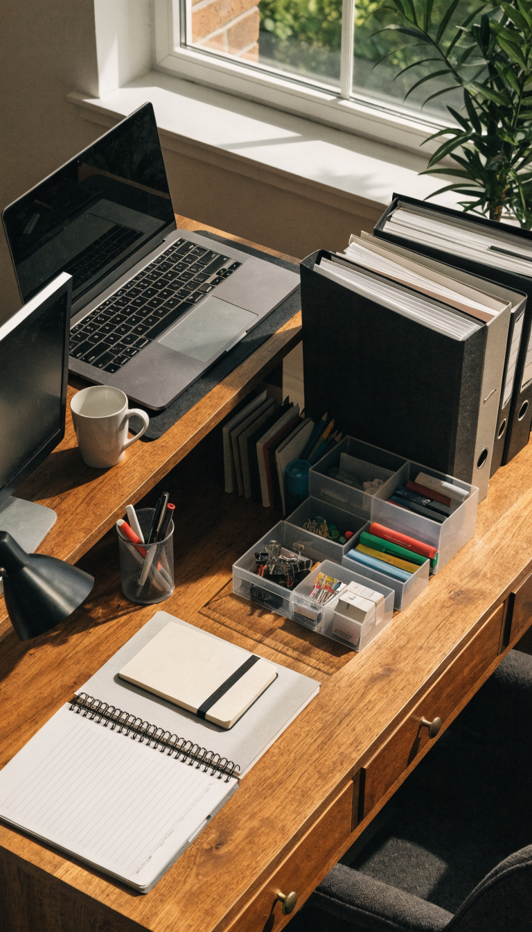 A high-angle view of a well-organized small office desk divided into distinct functional zones: one corner with a laptop and monitor setup, another section with notebooks and pens in holders for writing, a third area with neatly arranged office supplies in desk organizers and drawer dividers, and a fourth zone with reference binders and folders standing upright, all on a clean wooden desk surface with natural window lighting, professional office photography style, sharp focus, realistic colors