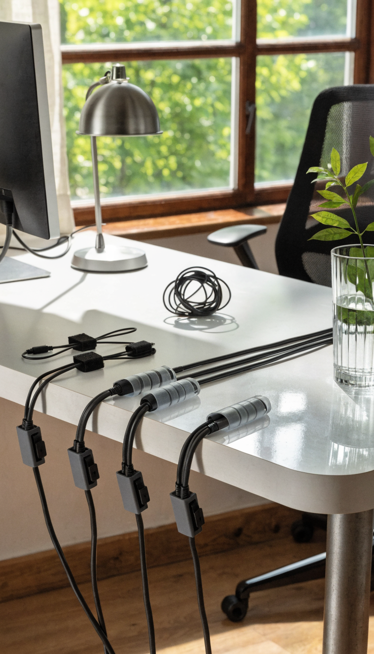 A clean, modern small office desk setup showing smart cable management solutions in action, with velcro cable ties neatly bundling multiple charging cables together, adhesive cable clips mounted under a white desk organizing black power cords, and cable sleeves concealing grouped wires, all photographed from a slight angle to show the organized difference between bundled cables versus one loose tangled cable nearby, natural window lighting, professional workspace photography, shallow depth of field, crisp details on the organizational accessories