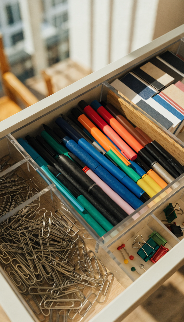A high-quality overhead photograph of an organized office desk drawer with clear acrylic dividers and inserts creating separate compartments, neatly holding paper clips in one section, pens in another, business cards in a third section, and small office supplies like binder clips and thumbtacks in remaining compartments, all arranged in a clean white or light wood drawer, with natural lighting casting soft shadows, showing the stark contrast between organized sections, professional office setting, shallow depth of field, crisp focus on the organized supplies