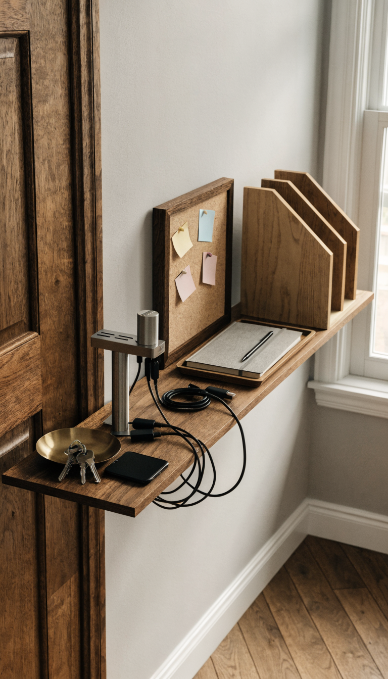 A modern small office command center setup showing a sleek wooden wall-mounted organizer near an office entrance, featuring a brass dish holding keys and a smartphone, a charging station with cables neatly organized, a small cork board with pinned notes, a wooden tray with a notebook and pen, and a minimalist mail sorter, all arranged on a floating shelf against a light gray wall with soft natural lighting from a nearby window, shot from a slightly elevated angle showing the organized essentials in a clutter-free, professional home office space