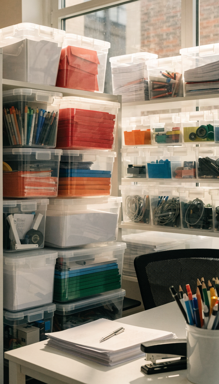 A well-organized small office workspace featuring multiple clear plastic storage containers of various sizes stacked on white shelving, filled with visible office supplies like printer paper, pens, staplers, and documents. The transparent containers showcase their contents clearly, with some containing colorful folders, tech accessories like cables and chargers, and neatly arranged stationery. Natural light illuminates the organized setup, creating a clean and efficient home office environment with a desk visible in the foreground. The scene emphasizes the transparency and visibility of the storage system in a modern, minimalist office setting.